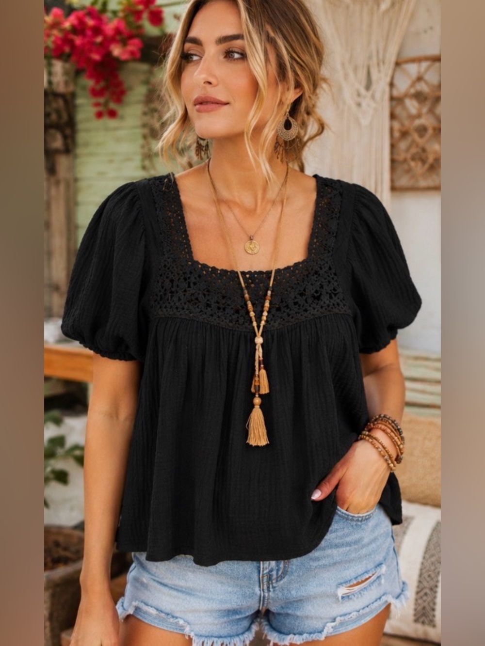 HYFVE Black Gauze Puff Sleeve Peasant Blouse Small Boho Cottagecore Rayon